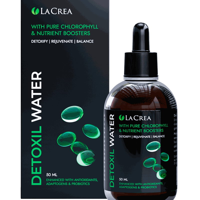 Frasco cuentagotas y caja negra de Detoxil Water