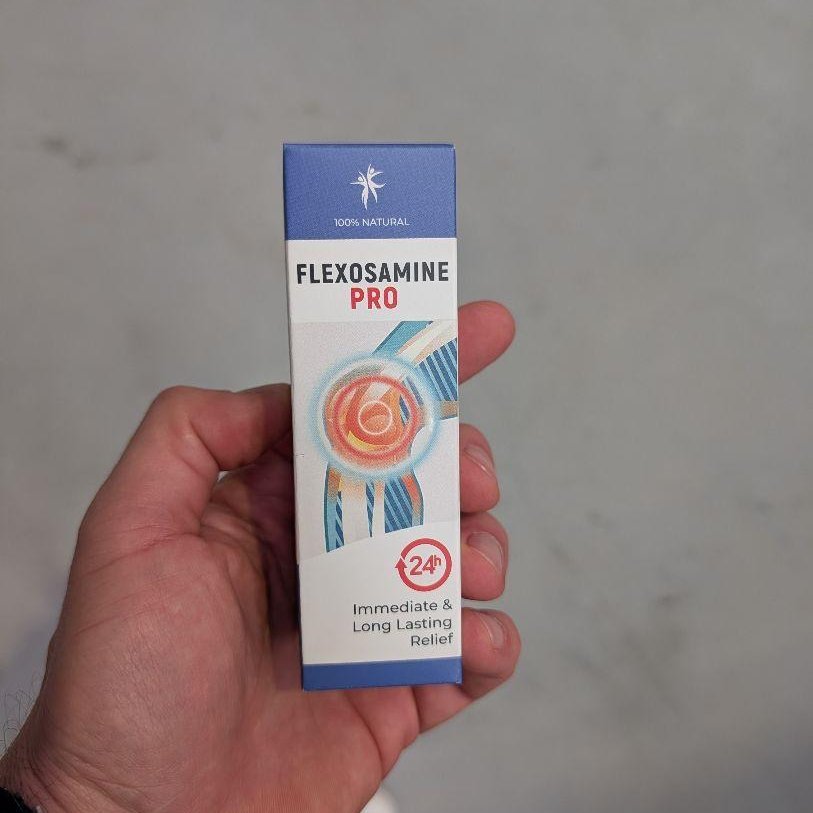 Frasco y caja azul de Flexosamine PRO