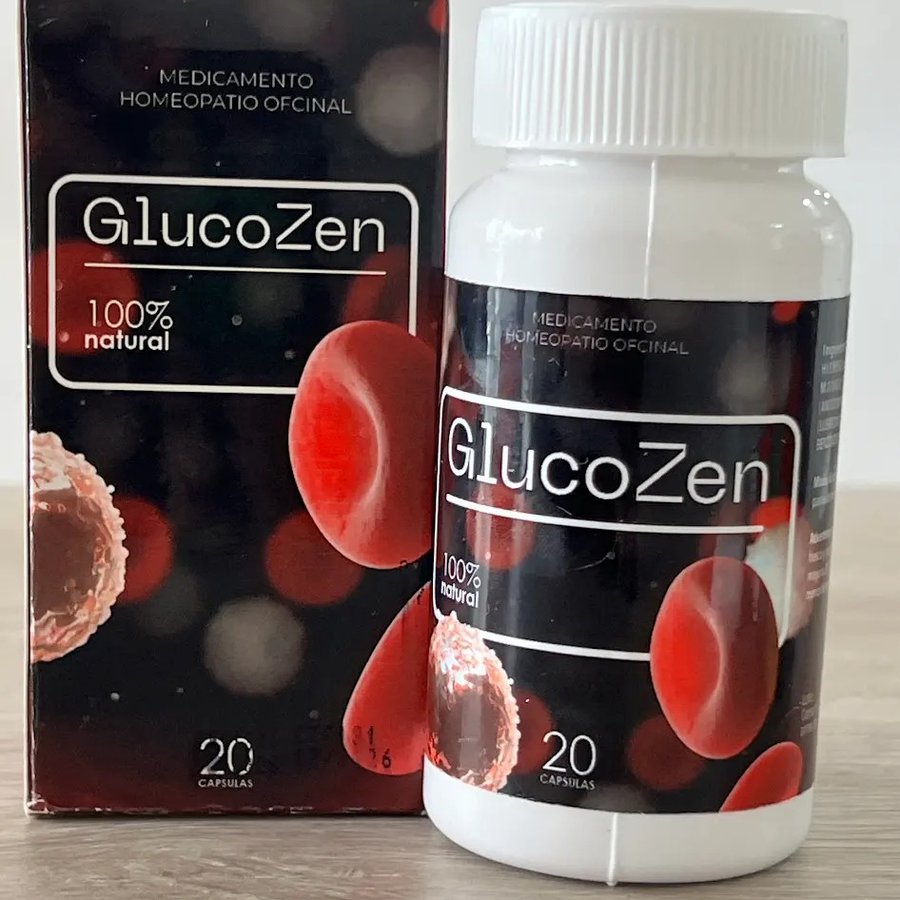 Bote y caja roja de GlucoZen
