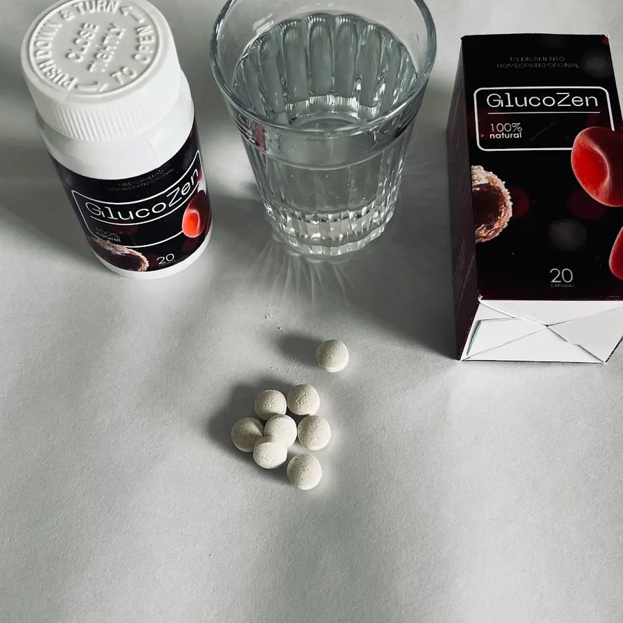 Bote y caja roja de GlucoZen