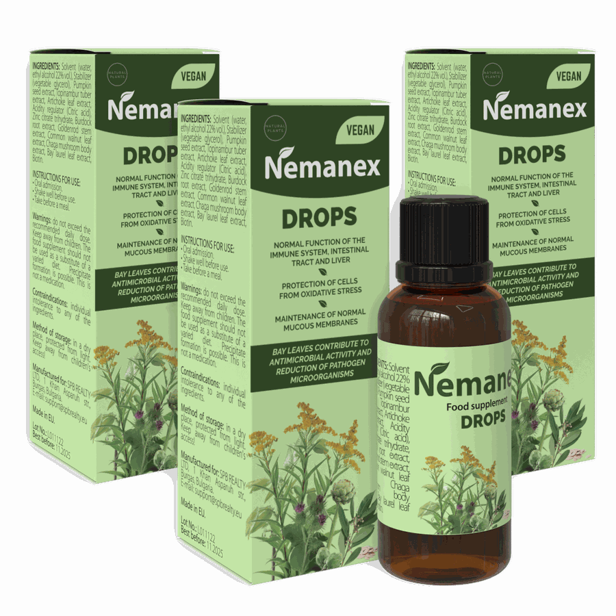 Frasco ámbar de Nemanex Drops con su caja