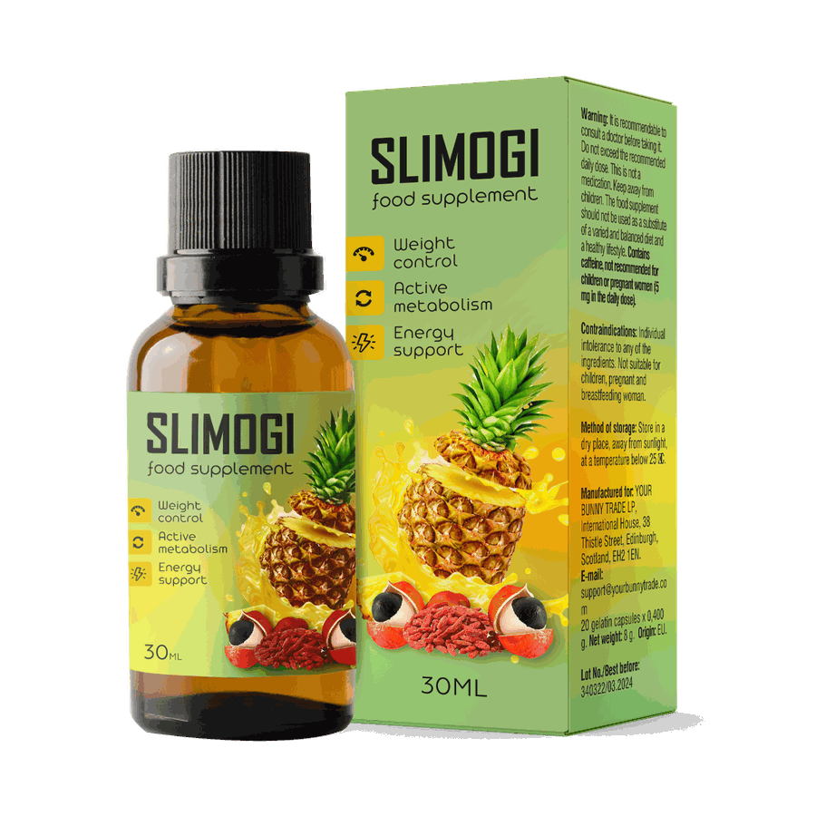 Frasco cuentagotas de Slimogi junto a su caja verde