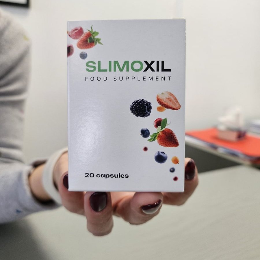 Bote y caja de Slimoxil con ilustración de frutos rojos