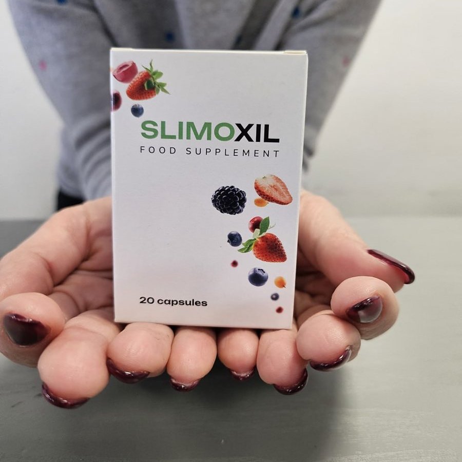 Bote y caja de Slimoxil con ilustración de frutos rojos